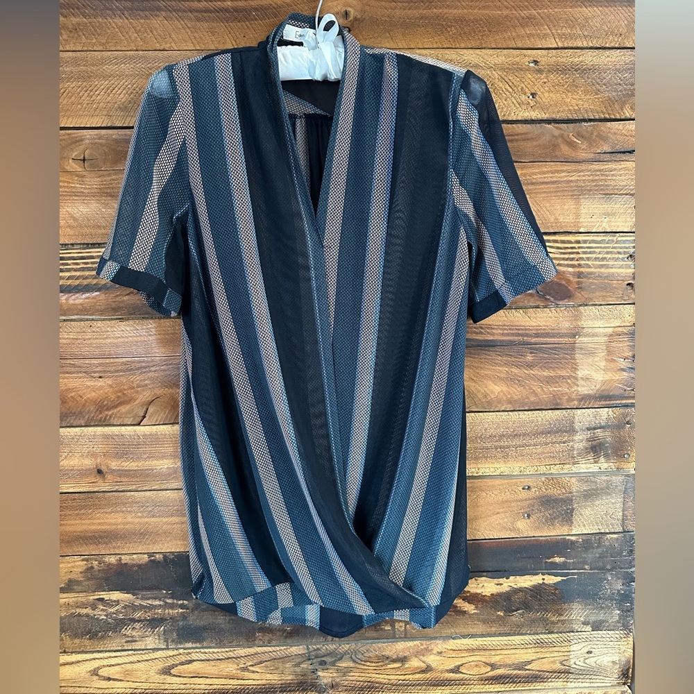 Eden‎ & Olivia Sheer Striped Open Front Blouse Small Black Taupe Lightweight
